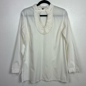 Adrienne Vittadini Pleated Cotton Blend Long Sleeve Tunic Top In White Size M